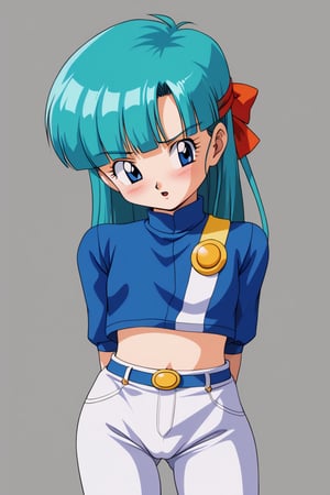 (8k, best quality, masterpiece:1.2), retro artstyle,upper body, maron,blue eyes, aqua hair, blunt bangs, Low crotch pants , Vibrating Sleeve 