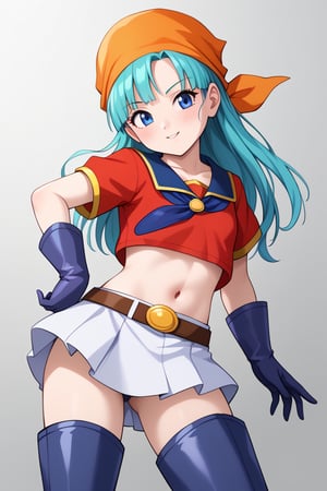 best quality, (masterpiece),(ultra-detailed), (high quality), (high resolution), , 1girl, aqua hair, blue eyes, brapan, gloves, long hair, red shirt, solo,bandana, upper body, short sleeves, navel, skirt, thigh boots,