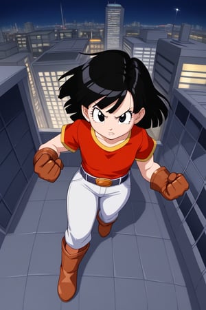 masterpiece, , 1girl, solo, short black hair, (black eyes), pan, from above, angryred shirt, pants, belt, boots, socks, gloves, city, night, building, floating, clenched hands,