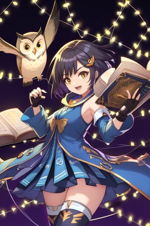 masterpiece, best quality, highres, 1girl, (large open book:1.2), owl, Rinwell, dynamic pose, short hair, hair ornament, skirt, thighhighs, fingerless gloves, detached sleeves, hood down, sleeveless, coat, dancing lights, looking at viewer, thunder