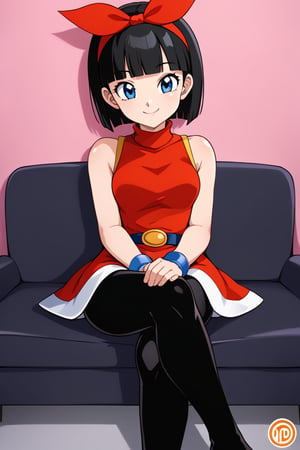 videl, 1girl, solo, black hair, blue eyes, cowboy shot,, sitting, indoors,short hair,black leggings,pink wall,smile,red sleeveless dress, devil logo, blue bracelet, black belt,red hairband,turtleneck,blunt bangs,short dress,on couch,(crossed legs,hands on own knees), (best quality, masterpiece) ,