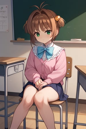 score_9, score_8_up, score_7_up [BREAK] 16 year old girl, 1 girl, kinomoto sakura, antenna hair, brown hair, short hair, green eyes, evil eyes [BREAK] Light pink clothes [BREAK] Classroom, Blackboard, Sitting on a chair, Crossing her legs [BREAK] Natural light, Kanna Kamui, Score_7_up