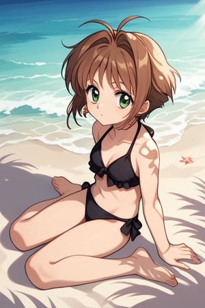 source_anime, score_9, score_8_up, score_7_up, anime screenshot, absurdities, official style, 1 girl, kinomoto sakura, antenna hair, brown hair, short hair, green eyes, earrings, black bikini, barefoot, beach, dappled sunlight, sitting, looking at viewer, ocean, 