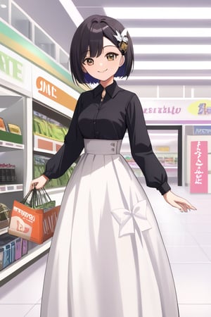 masterpiece, best quality, absurdres, perfect anatomy, 1girl, solo, Rinwell, short hair, hair ornament, high-waist skirt, long skirt, white skirt, black shirt, long sleeves, smile, standing, indoors, shopping mall