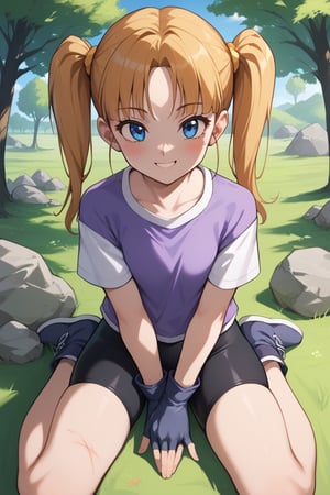 Videl, 1girl, blue eyes, shadows, blue eyes, pigtails, twintails, white shirt, purple shirt, , masterpiece, best quality, absurdres, perfect lighting, score_9, score_8_up, score_7_up source_anime, fingerless gloves, bike shorts, open field, trees, rocks, looking at viewer, scratches, light smile, sitting, meditating