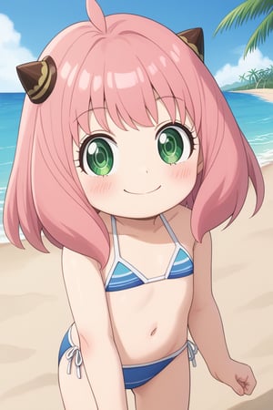 masterpiece, best quality1 child, anya forger, bangs, green eyes, pink hair, ahoge, hair, small horns in hair, bikini, smile, blush, looking at viewer, ground, sea, sand, blue sky, tropical island background