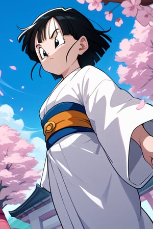 source_anime, score_9, score_8_up, score_7_up, anime screencap,8k, absurd res,pan \(dragon ball\), short hair, bangs, black hair, black eyes,dutch angle, white kimono, cherry blossoms, sash, floating hair, from below, looking to the side, blue sky, 