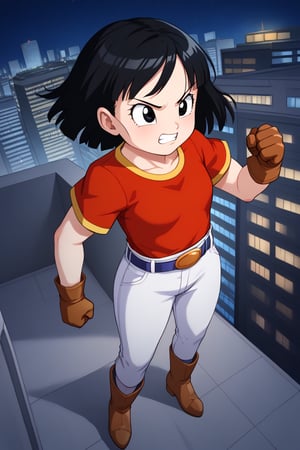 masterpiece, , 1girl, solo, short black hair, (black eyes), pan, from above, angryred shirt, pants, belt, boots, socks, gloves, city, night, building, floating, clenched hands,