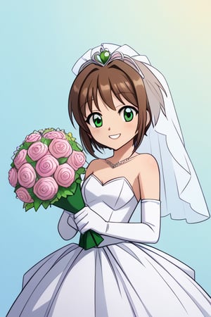 ((masterpiece,best quality)), absurdities, BREAK, , , zzsakura kinomoto, brown hair, short hair, green eyes, BREAK, bride, wedding dress, wedding veil, strapless dress, elbow gloves, holding bouquet,, BREAK, solo, smile, looking at viewer, cowboy photo,