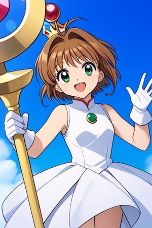 masterpiece, best quality, highres, kinomoto sakura, 1girl, brown hair, short hair, antenna hair, ahoge, crown, green eyes, white dress, sleeveless, white gloves,, holding staff, smile, open mouth, cowboy shot, blue sky,