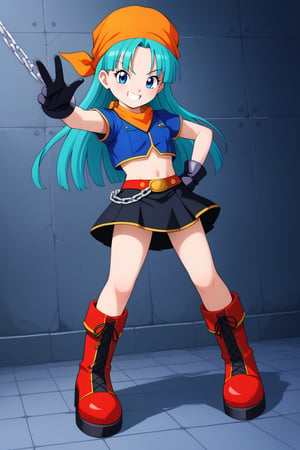 best quality, (masterpiece),(ultra-detailed), (high quality), (high resolution), , 1girl, aqua hair, black gloves, black skirt, blue eyes, boots, brapan, chain, crop top, gloves, grin, long hair, midriff , red footwear, shirt, skirt, solo,bandana,