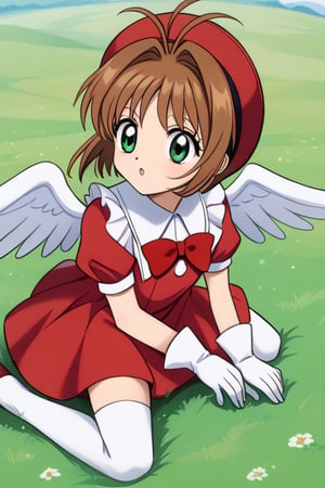 masterpiece, best quality, highres, kinomoto sakura, 1girl, brown hair, short hair, antenna hair, red headwear, green eyes, frills, red dress, puffy short sleeves, white gloves, red bow, white thighhighs, wings, , field, :o, wariza, grass, kero