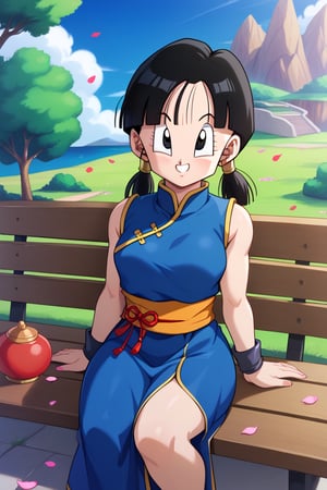 masterpiece, best quality, highres, dragon ball, bbchichi, (low ponytail:1.1), black eyes, chinese clothes, blue dress, sleeveless, wristband, sash, , sitting, bench, smile, petals, outdoors