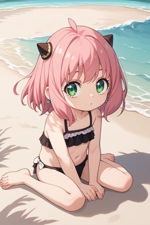 source_anime, score_9, score_8_up, score_7_up, anime screenshot, absurdities, official style, 1 child, anya forger, bangs, green eyes, pink hair, ahoge, hair, small horns in hair, earrings, black bikini, barefoot, beach, dappled sunlight, sitting, looking at viewer, ocean,