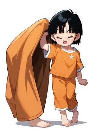 source_anime, score_9, score_8_up, score_7_up, anime screencap,8k, absurd res,pan \(dragon ball\), 1girl, solo, short hair, open mouth, simple background, black hair, white background, standing, full body, closed eyes, barefoot, child, orange pajamas, holding blanket, toenails, female child, sleepy, rubbing eyes, bangs