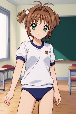 masterpiece, best quality,1girl, kinomoto sakura, antenna hair, brown hair, short hair, twintails, green eyes, gym uniform, white shirt, buruma,smile, standing, solo, looking at viewer, indoors, classroom background 