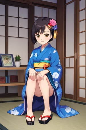 masterpiece, best quality, absurdres, perfect anatomy, 1girl, solo, Rinwell, short hair, hair ornament, indoors, kimono, hair flower, floral print, wariza, sitting, hands on own knees