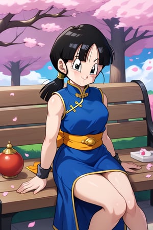 masterpiece, best quality, highres, dragon ball, bbchichi, (low ponytail:1.1), black eyes, chinese clothes, blue dress, sleeveless, wristband, sash, , sitting, bench, smile, petals, outdoors