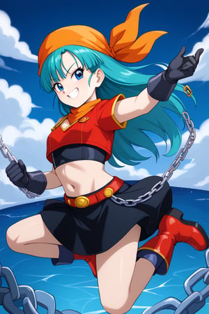 best quality, (masterpiece),(ultra-detailed), (high quality), (high resolution), , 1girl, aqua hair, black gloves, black skirt, blue eyes, boots, brapan, chain, crop top, gloves, grin, long hair, midriff , red footwear, shirt, skirt, solo,bandana,