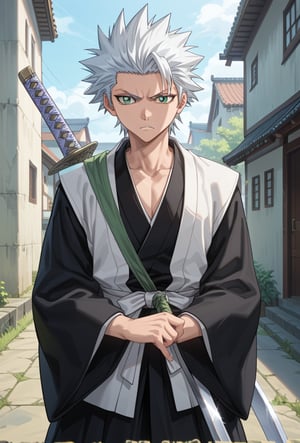 masterpiece, best quality, highres,good colors, extremely detailed,beautiful face and eyes,detail eyes,solo, 5_finger,solo, 1boy,full body,looking at another,collarbone,close mouth,kimono,angry,gallant face,glare,holding weapon,katana,
BREAK,score_9,score_8_up,score_7_up,score_6_up,score_5_up,score_4_up,source_anime,BREAK,Expressiveh,BREAK,rating_explicit,toushirou_hitsugaya, white hair, green eyes, spiked hair,toushirou_hitsugaya \(BLEACH\)