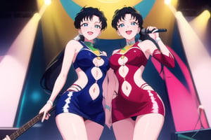 1 girl, with a very long blue black hair tied in a low ponytail with deep blue eyes playing an electric guitar,SEIYAKOU next to a girl with a very long blue black hair tied in a low ponytail with deep blue eyes singing into a microphone,SailorStarFighter on a stage, smile, perfect_face, perfect_hands, looking_at_viewer, from below, pantie flash.