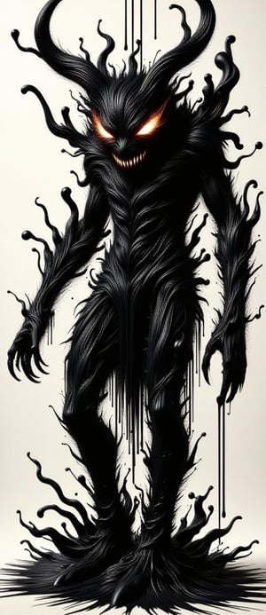 ink demon, bloody teeth, sharp claws, terror, tall, dripping ink, killer

