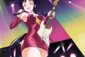 1 girl, with a very long blue black hair tied in a low ponytail with deep blue eyes playing an electric guitar,SEIYAKOU next to a girl with a very long blue black hair tied in a low ponytail with deep blue eyes singing into a microphone,SailorStarFighter on a stage, smile, perfect_face, perfect_hands, looking_at_viewer, from below, pantie flash.