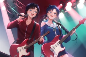 1 girl, with a very long blue black hair tied in a low ponytail with deep blue eyes playing an electric guitar,SEIYAKOU next to a girl with a very long blue black hair tied in a low ponytail with deep blue eyes singing into a microphone,SailorStarFighter on a stage, smile, perfect_face, perfect_hands, looking_at_viewer, from below, pantie flash.