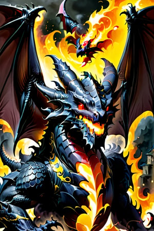 Black dragon, crimson scales, sharp teeth, long sharp claws, bright yellow eyes, large bat wings, burly, terrifying, his body is made of hellish black flames