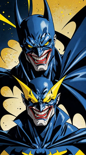 1 man, Batman with a light skin, with a wicked Joker smile on his lips, his yellow teeth, pointed and sharp, as if they were his own fangs. He will be wearing a metallic visor that prevents his eyes from being seen, reflecting his appearance from the Batman: Metal series. The expression on his face is that of a laughing man, an unexpected gesture for Batman. The final image is of a terrifying, sinister character with an impressive presence.