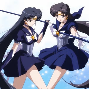 2 girls in a battle pose between them, 1 girl Pandora from lost canvas, woman in her 30s, white color, with very long black hair loose with a sharp trident in one hand, long black dress metallic corset, 1 girl, Seiya Kou sailor star fighter, wares her sailor uniform, ready to fight with her powers, in an epic battle.