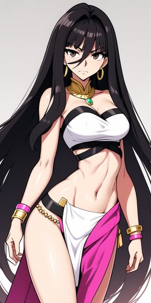 1.girl, Chel from el dorado, Latina, brunette, very long black hair, bangs above the eyes, dark brown eyes, square gold earrings, strapless top, white with pink, pink bracelets, long white skirt style loincloth, slender body with slim figure, naughty and sexy attitude.