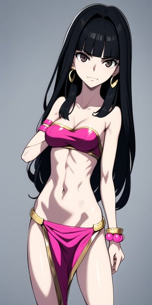 1.girl, Chel from el dorado, Latina, brunette, very long black hair, bangs above the eyes, dark brown eyes, square gold earrings, strapless top, white with pink, pink bracelets, long white skirt style loincloth, slender body with slim figure, naughty and sexy attitude.