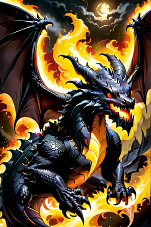 Black dragon, crimson scales, sharp teeth, long sharp claws, bright yellow eyes, large bat wings, burly, terrifying, his body is made of hellish black flames