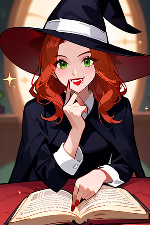 A girl withred hair and deep green eyes wearing a black dress with sparkles on the fabric in one of her hand holds a book of magic, with a mysterious smile, witch's hat,  vampire bloody fangs, smiling, watching the viewer, in an atmosphere of mysterious and a small mist around, large sign that reads HALLOWEEN 2024, Masterpiece,Stunning image,Professional style,8k,REDHEAD,theresa apocalypse