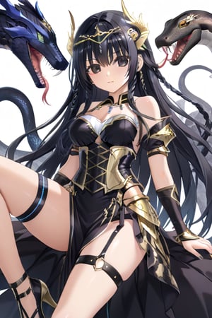 1girl, Pandora of Saint seiya Lost canvas, Muver in her 30's white, very long and shiny black hair, black eyes, long pure black dress, open leg at the thigh, black metal corset in the shape of armor, wearing a black braid, metal ornament on the leg in the shape of a black snake,