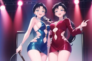 1 girl, with a very long blue black hair tied in a low ponytail with deep blue eyes playing an electric guitar,SEIYAKOU next to a girl with a very long blue black hair tied in a low ponytail with deep blue eyes singing into a microphone,SailorStarFighter on a stage, smile, perfect_face, perfect_hands, looking_at_viewer, from below, pantie flash.