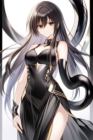 1girl, Pandora of Saint seiya Lost canvas, woman in her 30's white, very long and shiny black hair, black eyes, long pure black dress, open leg at the thigh, black metal corset in the shape of armor, wearing a black braid, metal ornament on the leg in the shape of a black snake,