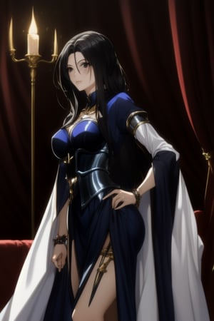 1girl, Pandora of Saint seiya Lost canvas, Muver in her 30's white, very long and shiny black hair, black eyes, long pure black dress, open leg at the thigh, black metal corset in the shape of armor, wearing a black braid, metal ornament on the leg in the shape of a black snake,