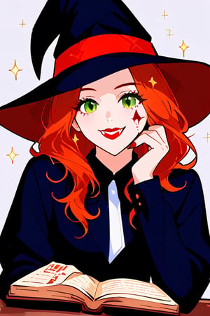 A girl withred hair and deep green eyes wearing a black dress with sparkles on the fabric in one of her hand holds a book of magic, with a mysterious smile, witch's hat,  vampire bloody fangs, smiling, watching the viewer, in an atmosphere of mysterious and a small mist around, large sign that reads HALLOWEEN 2024, Masterpiece,Stunning image,Professional style,8k,REDHEAD,theresa apocalypse