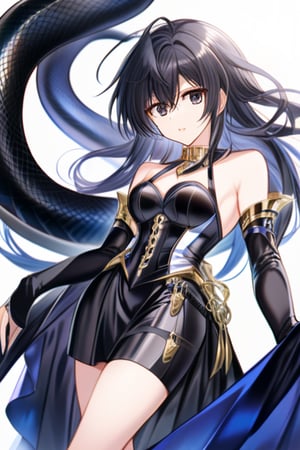 1girl, Pandora of Saint seiya Lost canvas, Muver in her 30's white, very long and shiny black hair, black eyes, long pure black dress, open leg at the thigh, black metal corset in the shape of armor, wearing a black braid, metal ornament on the leg in the shape of a black snake,