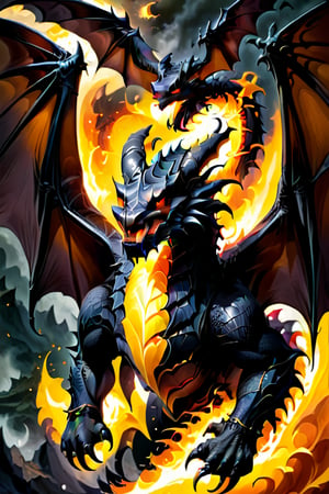 Black dragon, crimson scales, sharp teeth, long sharp claws, bright yellow eyes, large bat wings, burly, terrifying, his body is made of hellish black flames