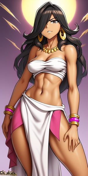 1.girl, Chel from el dorado, Latina, brunette, very long black hair, bangs above the eyes, dark brown eyes, square gold earrings, strapless top, white with pink, pink bracelets, long white skirt style loincloth, slender body with slim figure, naughty and sexy attitude.