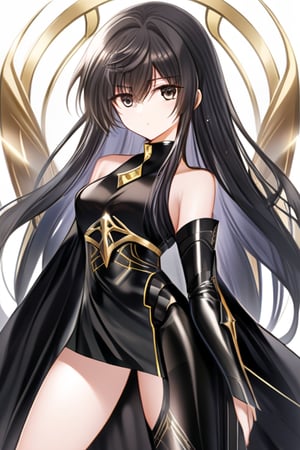 1girl, Pandora of Saint seiya Lost canvas, woman in her 30's white, very long and shiny black hair, black eyes, long pure black dress, open leg at the thigh, black metal corset in the shape of armor, wearing a black braid, metal ornament on the leg in the shape of a black snake,