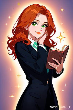 A girl with black hair and deep green eyes wearing a black dress with sparkles on the fabric in one of her hand holds a book of magic, with a mysterious smile, watching the viewer, in an atmosphere of mysterious and a small mist around, Masterpiece,Stunning image,Professional style,8k,REDHEAD,theresa apocalypse