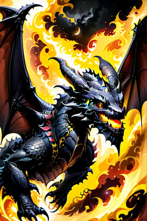 Black dragon, crimson scales, sharp teeth, long sharp claws, bright yellow eyes, large bat wings, burly, terrifying, surrounded by black flames