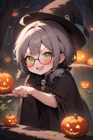 1girl, solo, (gray hair), green eyes, ahoge, (low-pigtail hairs:1.2), (black round frame glasses:1.2), (Witch hat), (Witch cloak), Witch dress, (cute pose), cobweb, (skull), pumpkin lantern, moon, blush, (In the forest at night), (eyes highlight), standing, ((upper body)), very beautiful girl, crazy smiling, slightly angry, himecut hairstyle, masterpiece quality, stunning image, masterpiece, 8K, stunning image, light particles, attractive image, reflections,  \medium\,Beautiful eyes,