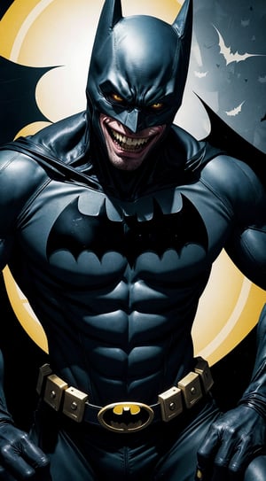 1 man, Batman with a light skin, with a wicked Joker smile on his lips, his yellow teeth, pointed and sharp, as if they were his own fangs. He will be wearing a metallic visor that prevents his eyes from being seen, reflecting his appearance from the Batman: Metal series. The expression on his face is that of a laughing man, an unexpected gesture for Batman. The final image is of a terrifying, sinister character with an impressive presence.