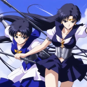 2 girls in a battle pose between them, 1 girl Pandora from lost canvas, woman in her 30s, white color, with very long black hair loose with a sharp trident in one hand, long black plane dress, metallic corset, 1 girl, Seiya Kou sailor star fighter, wares her sailor uniform, ready to fight with her powers, in an epic battle.