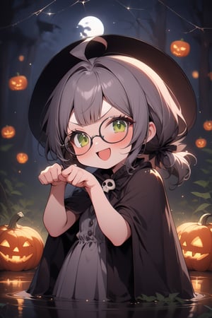 1girl, solo, (gray hair), green eyes, ahoge, (low-pigtail hairs:1.2), (black round frame glasses:1.2), (Witch hat), (Witch cloak), Witch dress, (cute pose), cobweb, (skull), pumpkin lantern, moon, blush, (In the forest at night), (eyes highlight), standing, ((upper body)), very beautiful girl, crazy smiling, slightly angry, himecut hairstyle, masterpiece quality, stunning image, masterpiece, 8K, stunning image, light particles, attractive image, reflections,  \medium\,Beautiful eyes,